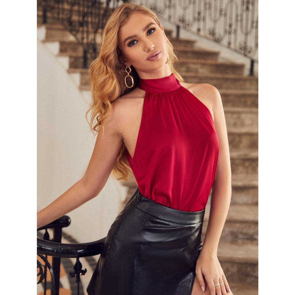 High Neck Satin Halter Top Tank black - Picture 3 of 11